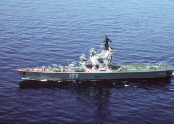 A port beam view of the Soviet Moskva class helicopter cruiser Leningrad underway.