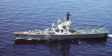 A port beam view of the Soviet Moskva class helicopter cruiser Leningrad underway.